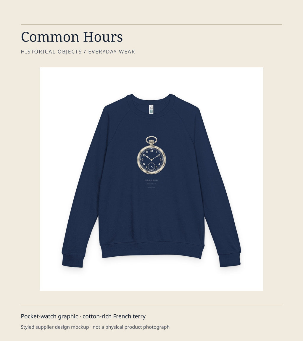 Styled Common Hours design card featuring the accurate supplier navy crewneck front mockup