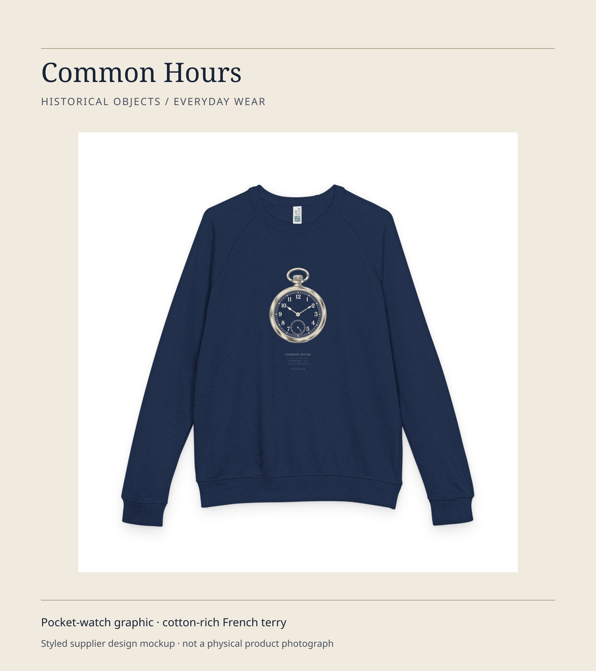 Styled Common Hours design card featuring the accurate supplier navy crewneck front mockup