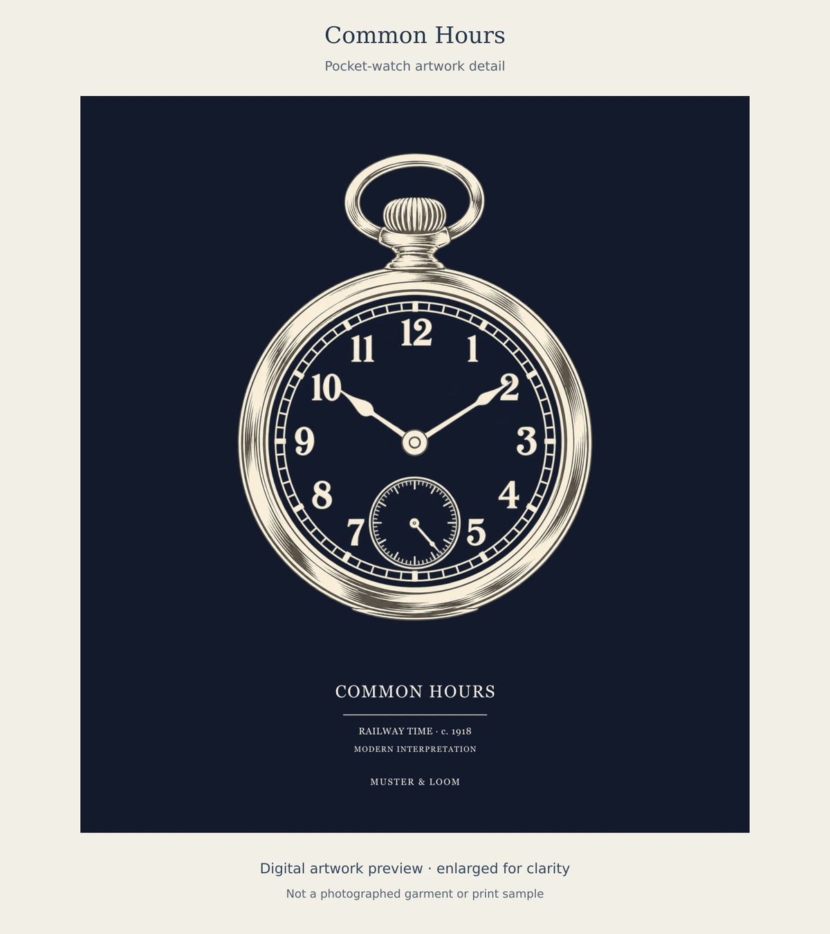 Enlarged digital Common Hours pocket-watch artwork with centered title and archival-style lettering