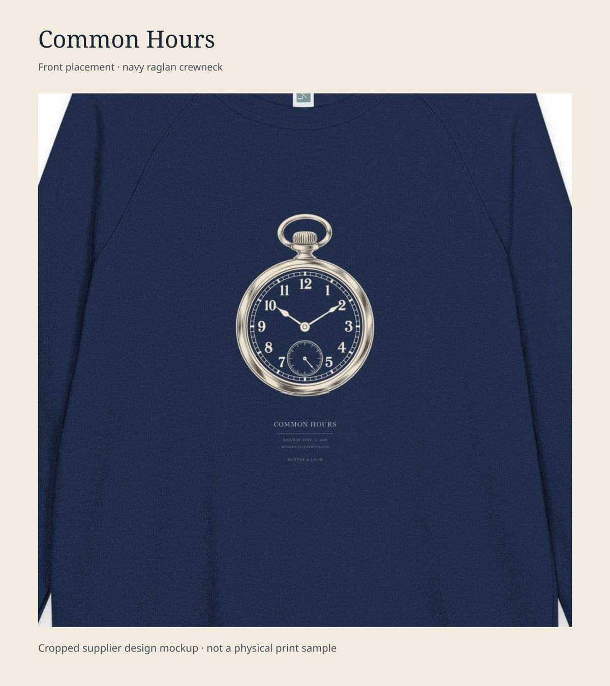 Close view of Common Hours pocket-watch placement, cropped from the supplier crewneck design mockup