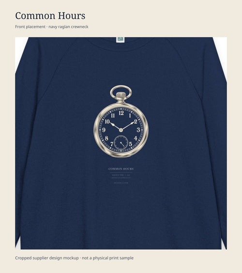 Close view of Common Hours pocket-watch placement, cropped from the supplier crewneck design mockup
