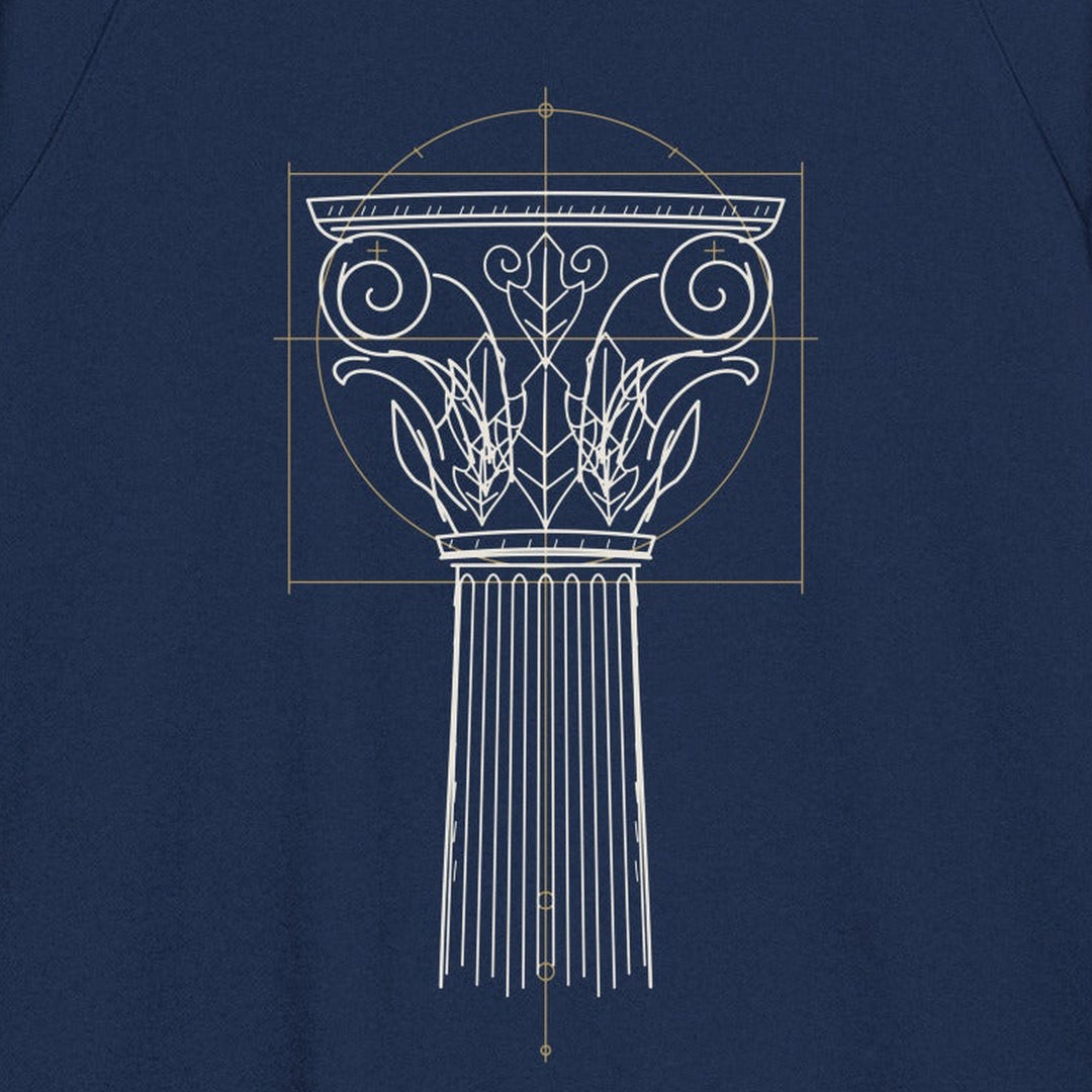 Source-derived digital mockup detail of the Navy Ionic Capital raglan crewneck showing the complete architectural linework; not a physical sample photograph
