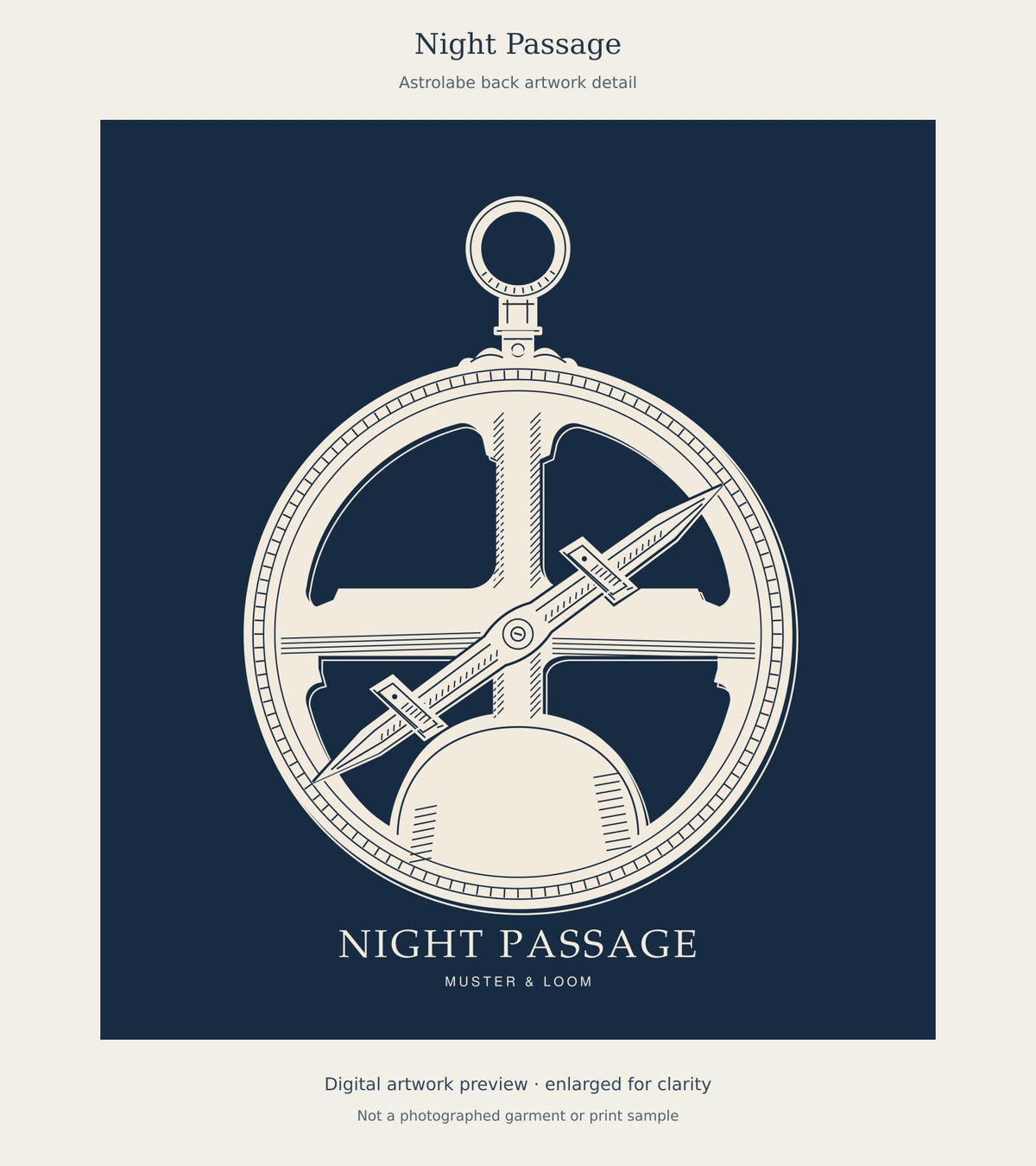 Enlarged digital Night Passage mariner’s astrolabe back artwork and lettering