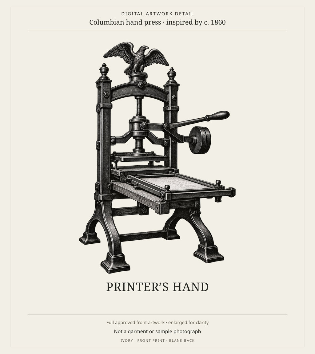 Printer’s Hand Columbian printing press illustration and short title, enlarged in a digital artwork-detail card; not a garment or sample photograph