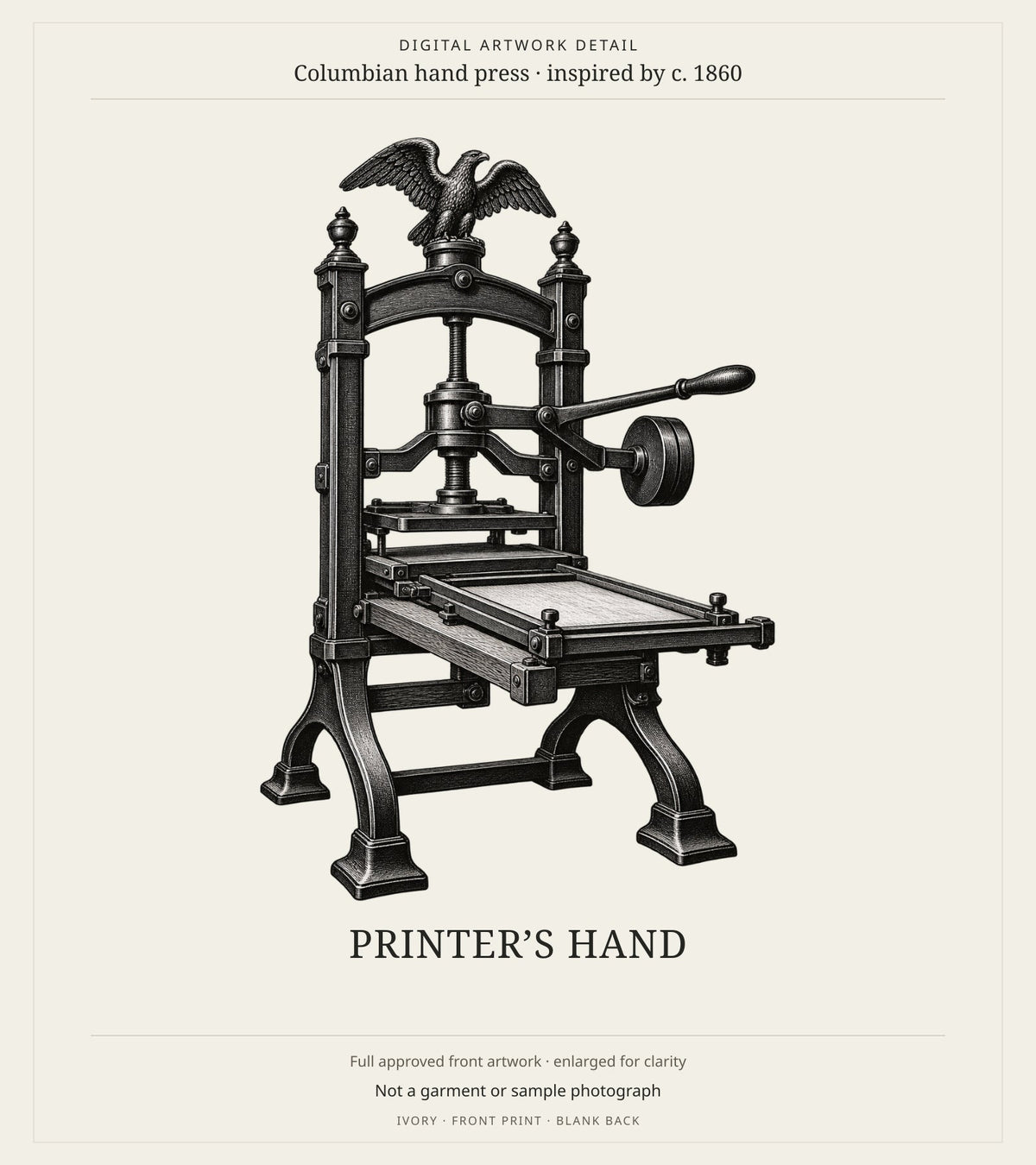 Printer’s Hand Columbian printing press illustration and short title, enlarged in a digital artwork-detail card; not a garment or sample photograph
