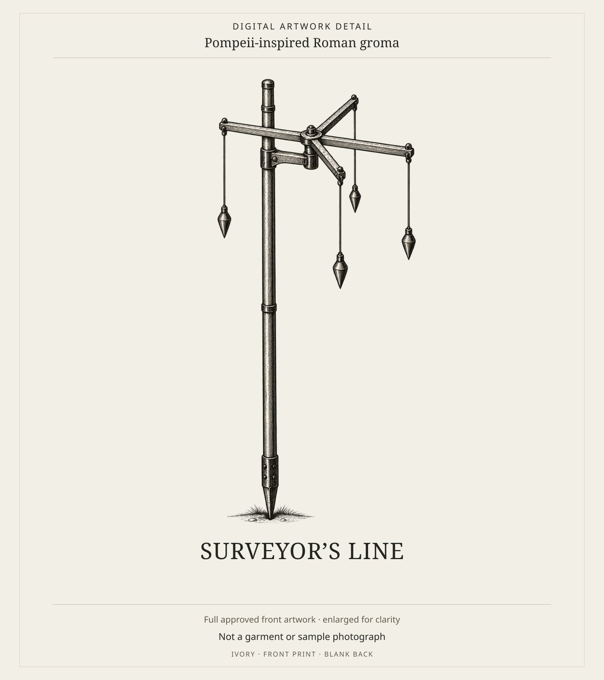 Surveyor’s Line Roman groma illustration and short title, enlarged in a digital artwork-detail card; not a garment or sample photograph