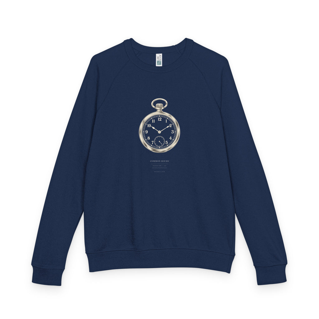 Common Hours navy raglan crewneck, front view with centered ivory pocket-watch graphic