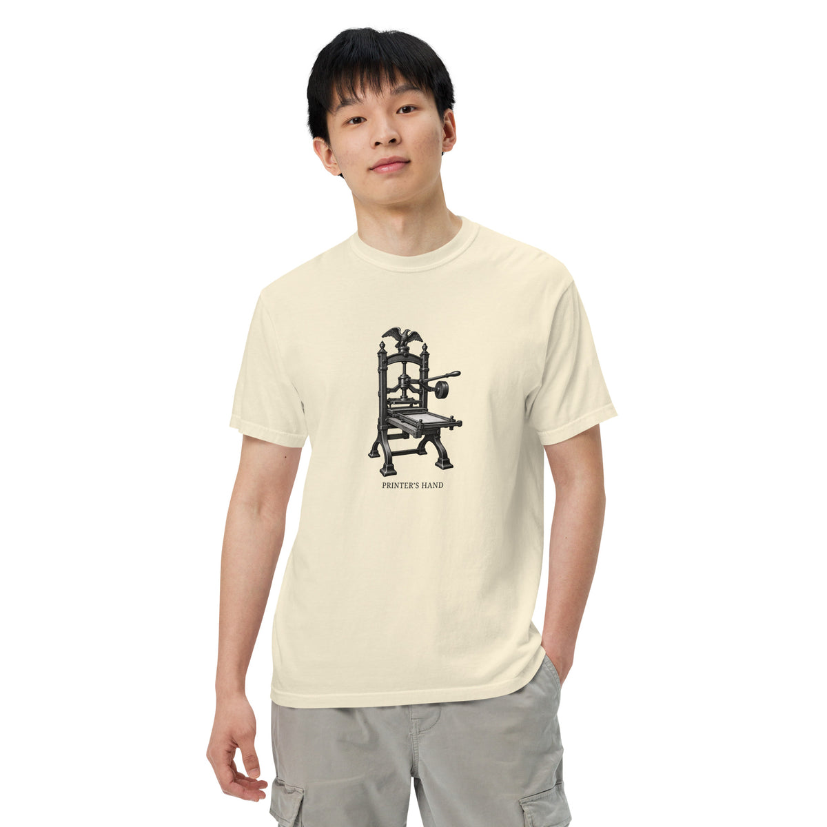 Printer’s Hand Columbian press graphic T-shirt in Ivory, relaxed on-model supplier digital mockup