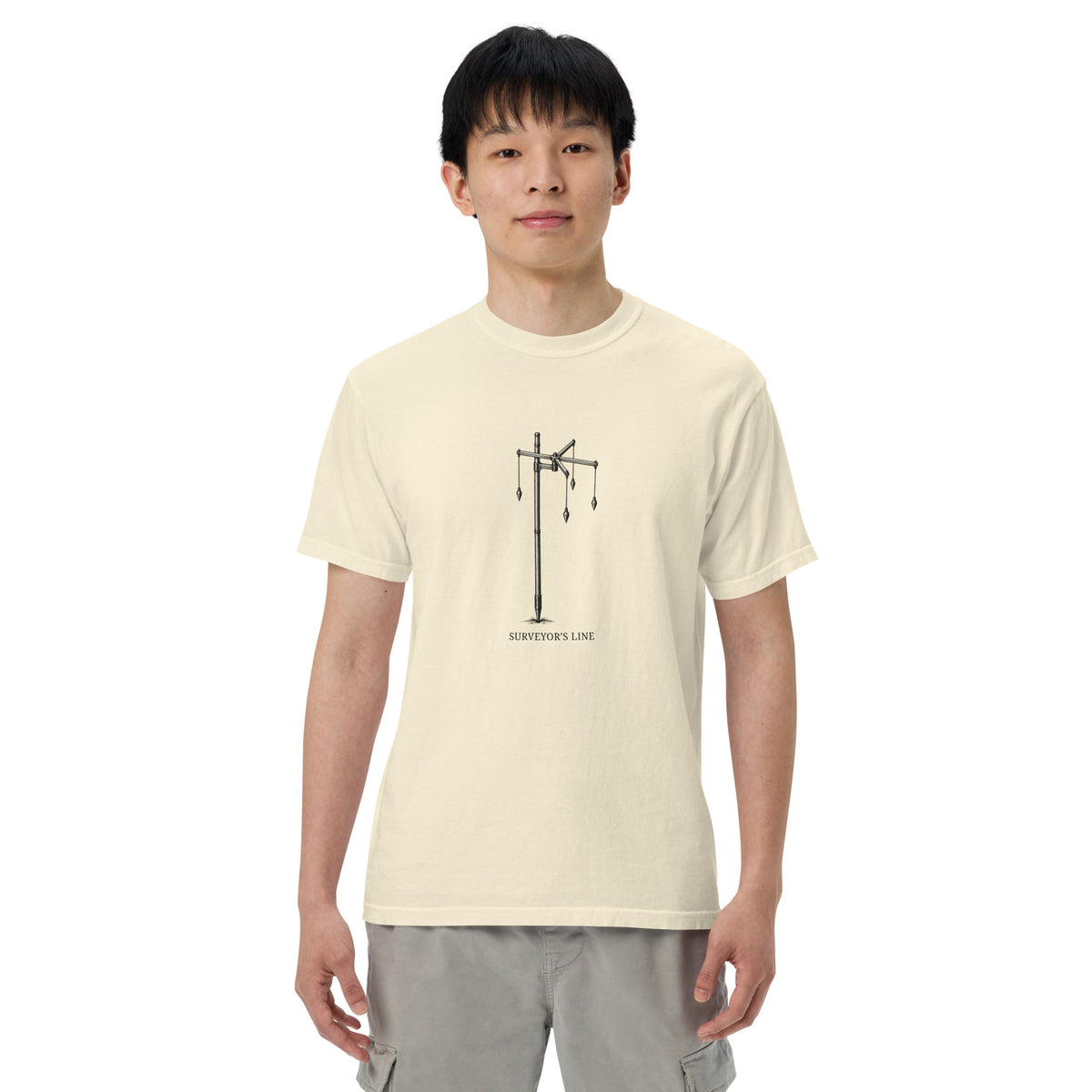 Surveyor’s Line Roman groma graphic T-shirt in Ivory, supplier on-model front digital mockup