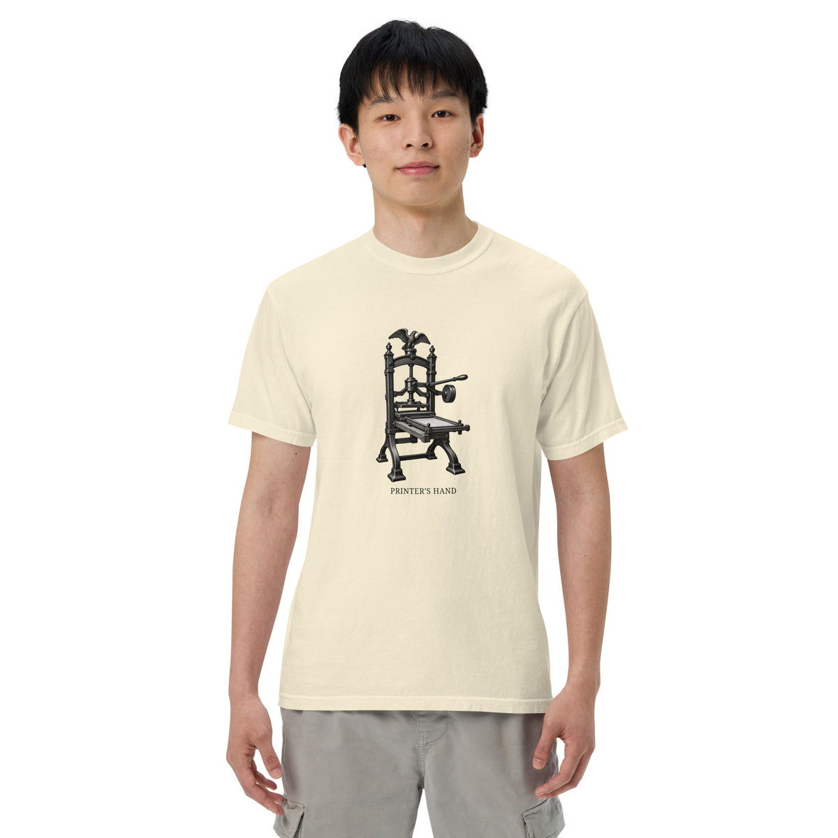 Printer’s Hand Columbian press graphic T-shirt in Ivory, supplier on-model front digital mockup