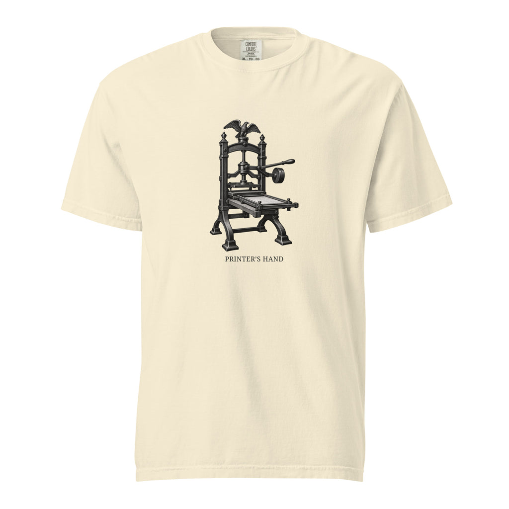 Printer’s Hand Columbian press graphic T-shirt in Ivory, front supplier digital mockup with short title