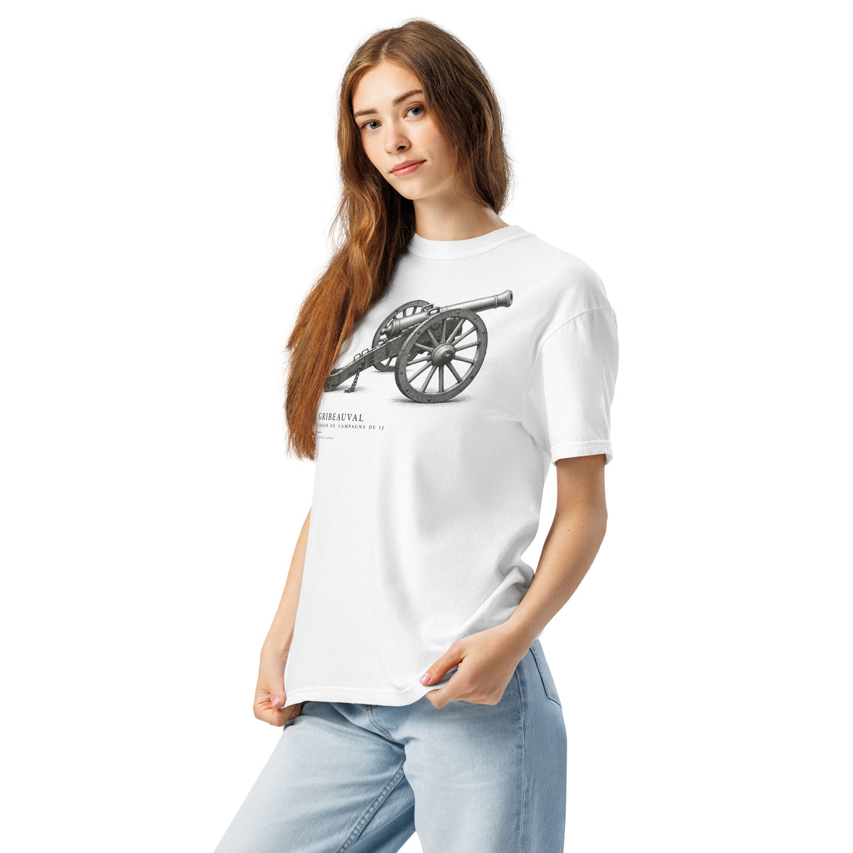 Gribeauval Cannon Graphic T-Shirt — Field Objects 01 in White, angled front view