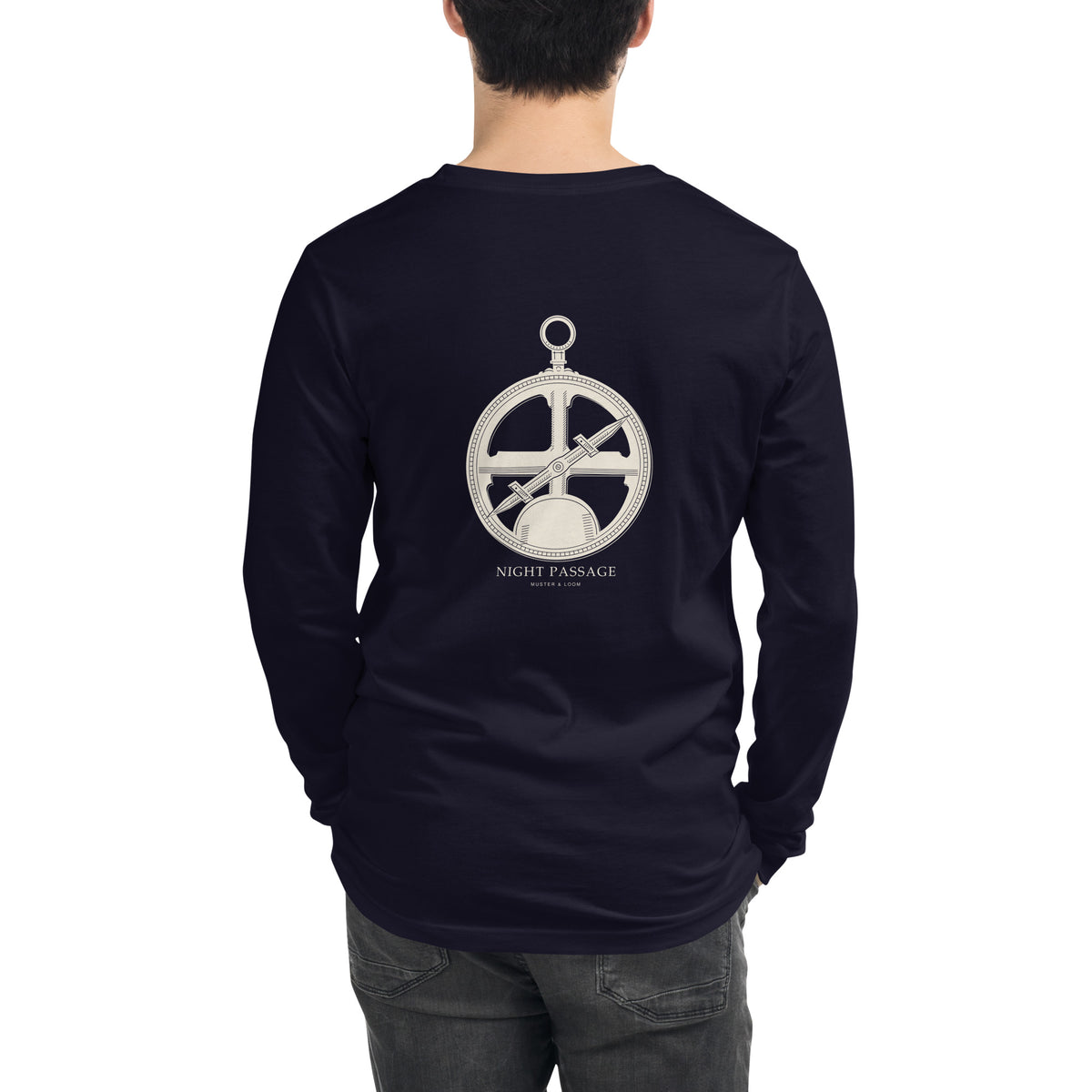 Night Passage navy long-sleeve T-shirt on a model, back view showing astrolabe print placement