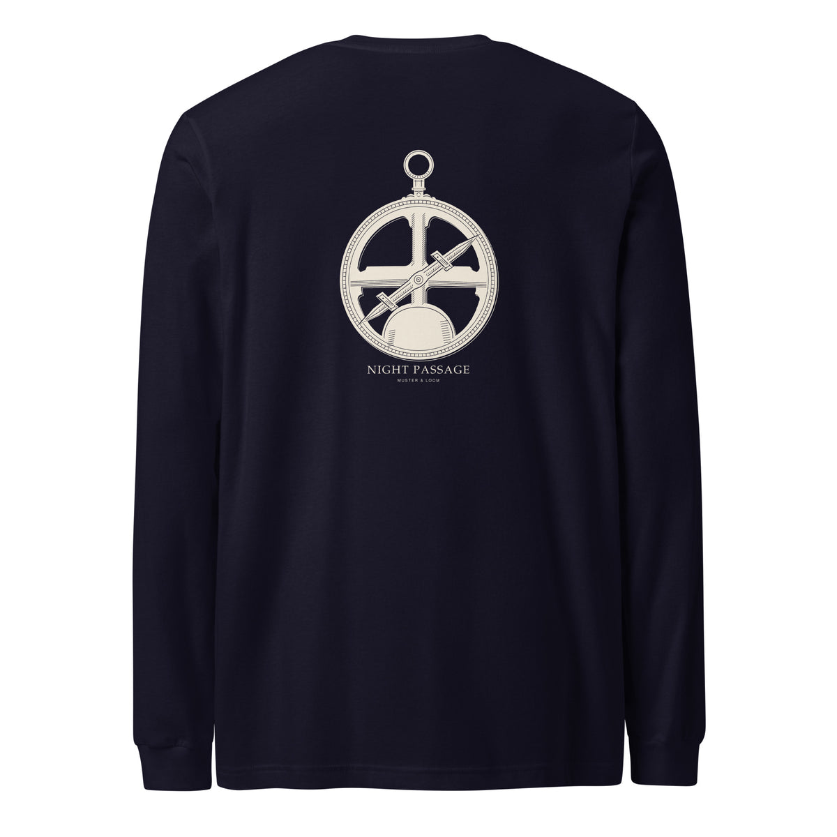 Night Passage navy long-sleeve T-shirt, back supplier view with ivory mariner’s astrolabe print