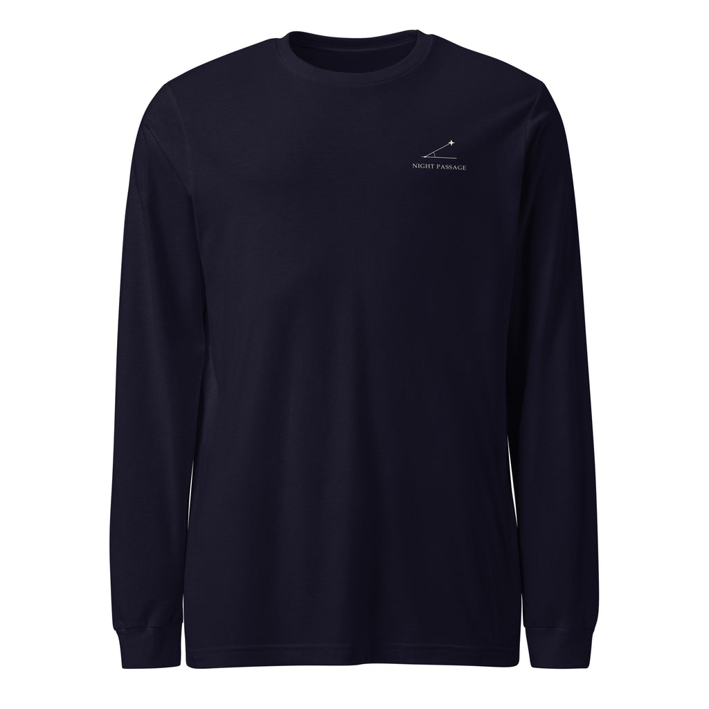Night Passage navy long-sleeve T-shirt, front supplier view with small ivory celestial left-chest print