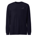 Night Passage navy long-sleeve T-shirt, front supplier view with small ivory celestial left-chest print