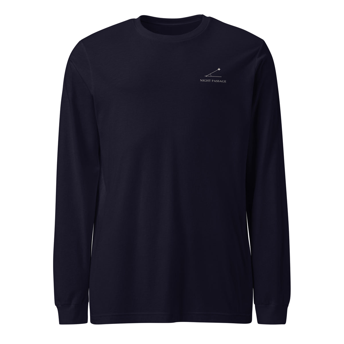 Night Passage navy long-sleeve T-shirt, front supplier view with small ivory celestial left-chest print