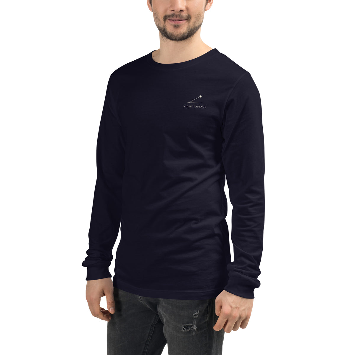 Night Passage navy long-sleeve T-shirt on a model, alternate front-left view showing chest graphic