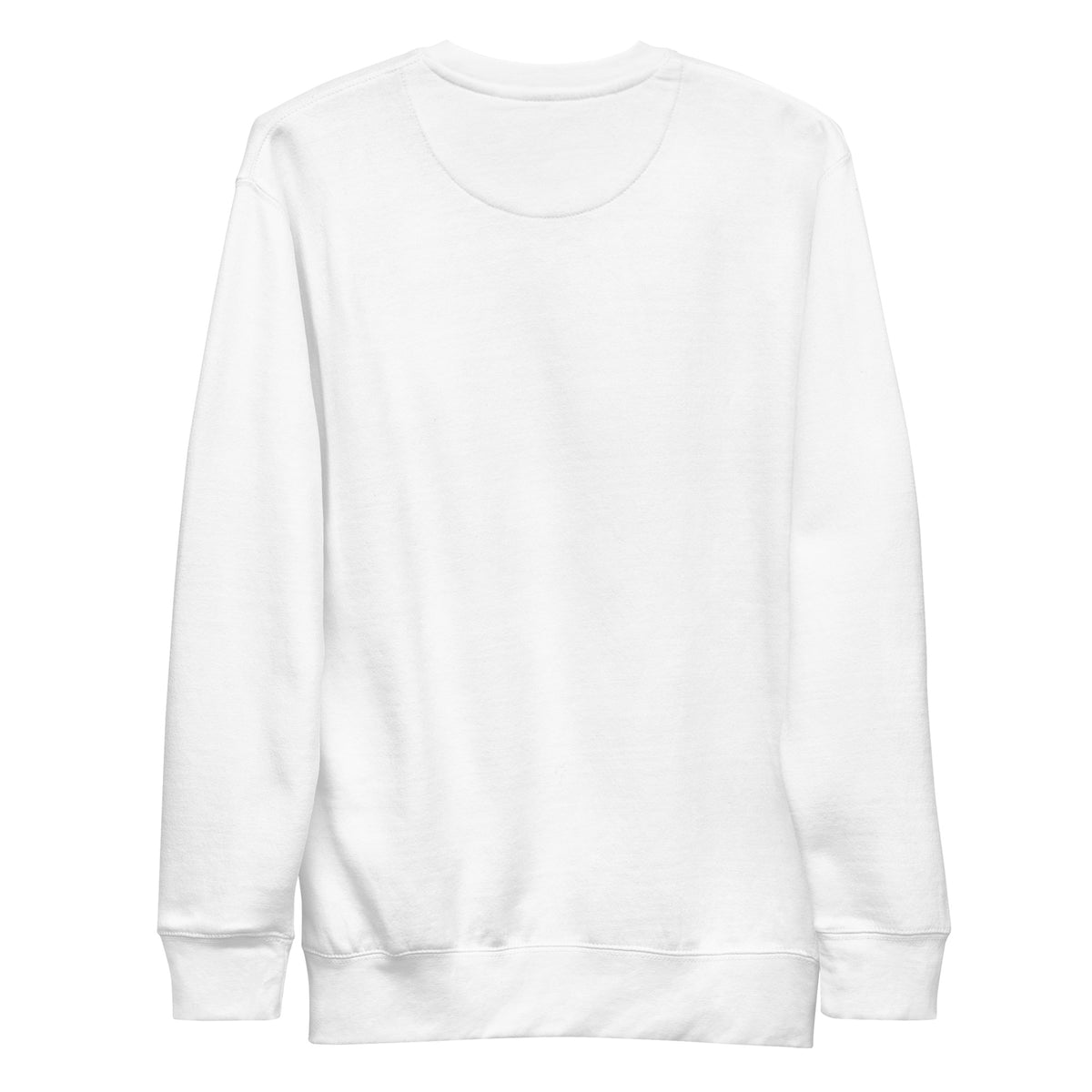 Back view of white 9 Moods 1 Cat crewneck sweatshirt, showing the plain back and ribbed cuffs and hem