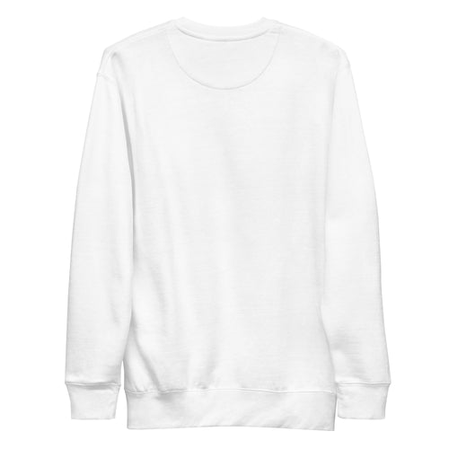 Back view of white 9 Moods 1 Cat crewneck sweatshirt, showing the plain back and ribbed cuffs and hem