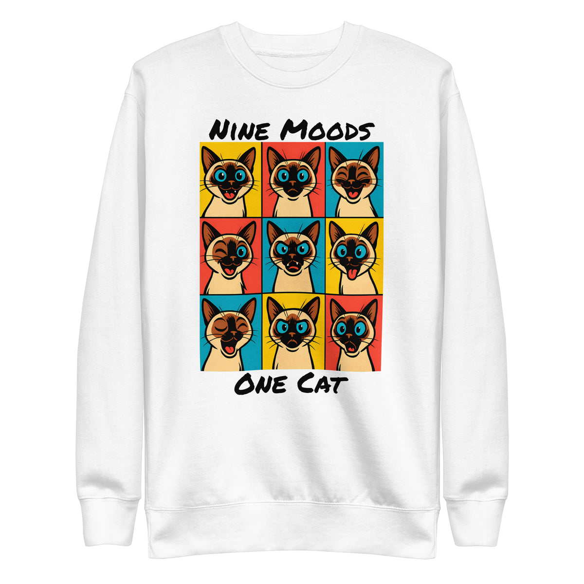 Front view of white 9 Moods 1 Cat crewneck sweatshirt with colorful nine-panel cat artwork and Nine Moods One Cat text
